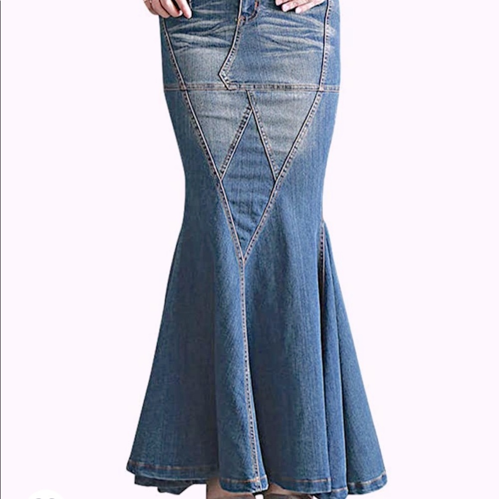 Long Denim Ruffle Fishtail Skirt